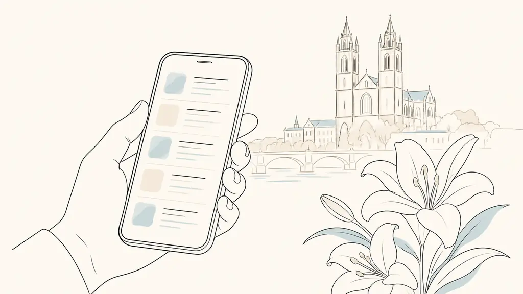 A hand checking a chronological obituary list on a smartphone beside white mourning flowers, with Auch cathedral softly blurred in the background, editorial photography, no readable text, no logo