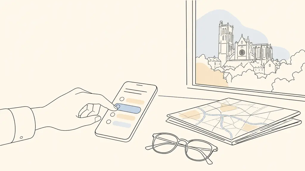 A person selecting a Gers commune in an obituary search on a smartphone, beside a folded local map and reading glasses, with Auch cathedral visible through the window, editorial photography, no readable text, no logo