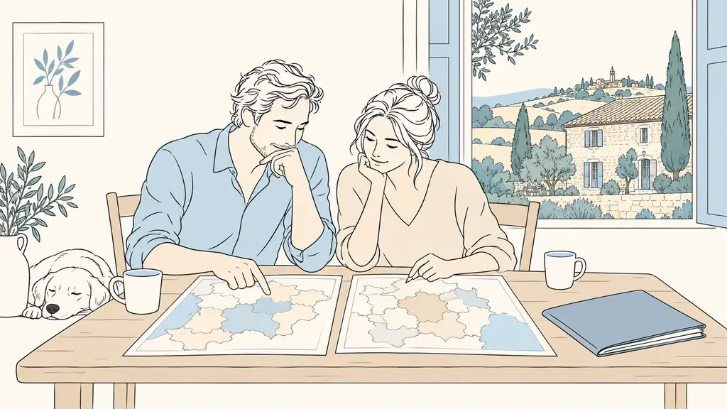 A couple at a wooden table comparing two color-coded regional maps and a mortgage application folder, with a traditional stone Gers house visible through the window, editorial photography, no text, no logos