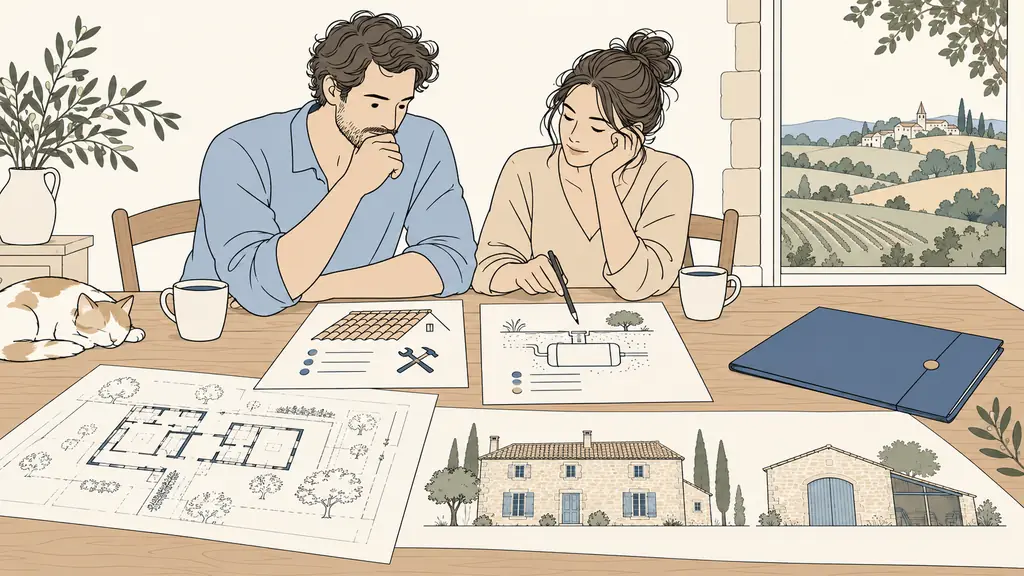 A couple reviewing roofing and septic system estimates beside a mortgage folder, with plans of a Gers stone house and its barn spread across a wooden table, editorial photography, no text, no logos