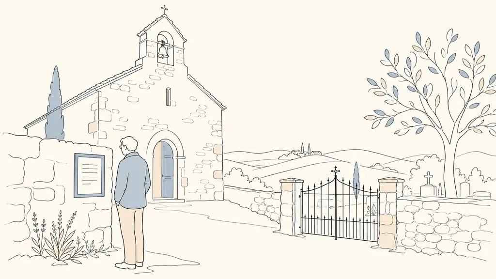 A family member checking a printed funeral notice outside a stone village church in the Gers, with a cemetery gate visible nearby