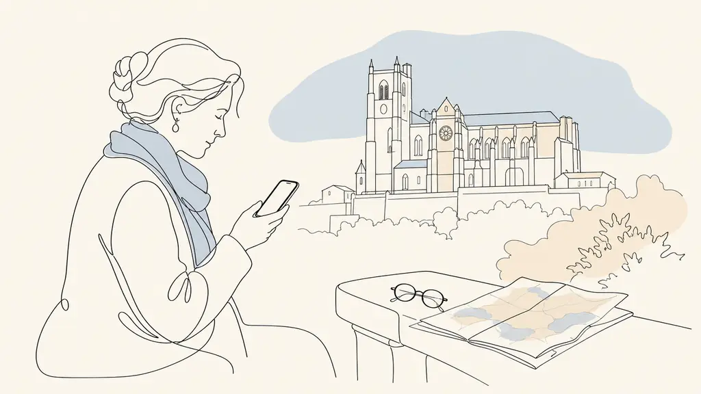 A woman checking a funeral notice on her smartphone beside Auch Cathedral, with reading glasses and a folded map of Gers on a stone bench, no visible text or logos