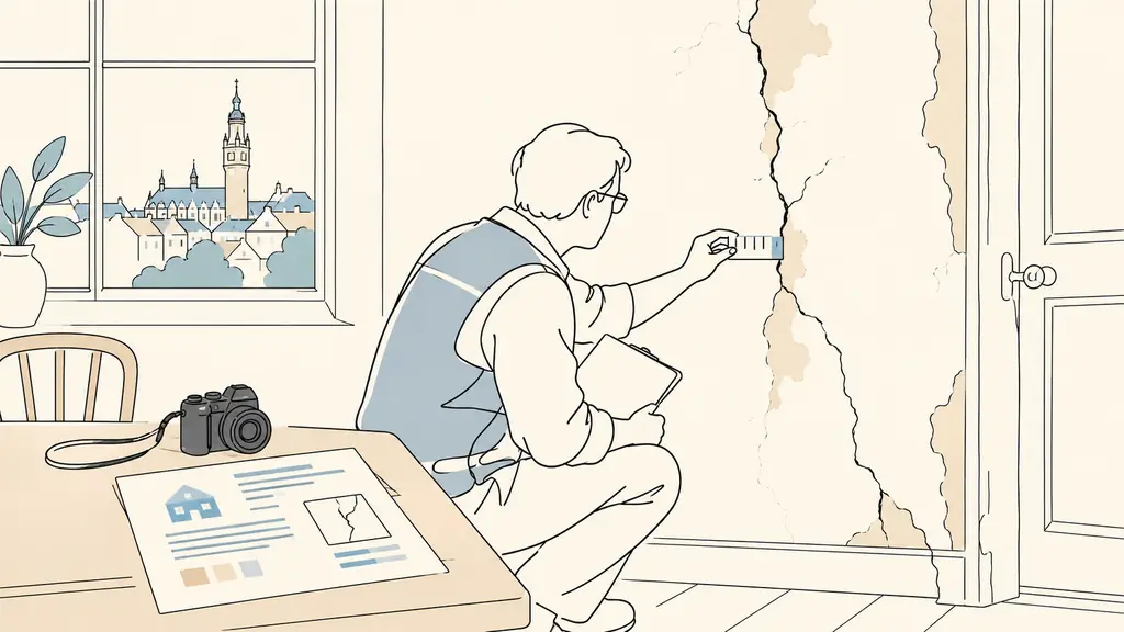 Building expert examining a cracked interior wall in an old house near Lille, holding a measuring gauge beside a camera and an anonymized inspection report