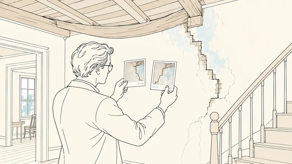 Building expert comparing dated photographs beside a stair-step wall crack, with a moisture stain and visible roof frame deformation in an old house