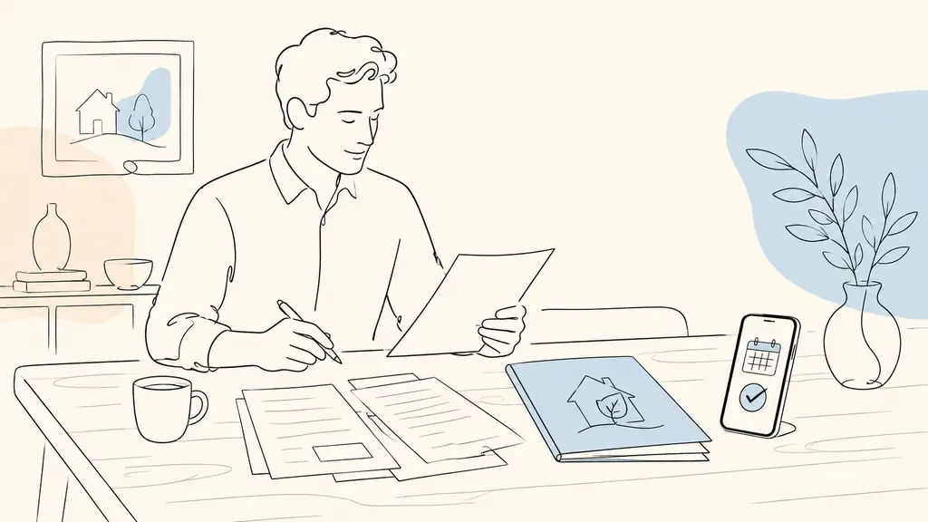 Editorial photograph of a homeowner preparing for an agency appointment, with renovation quotes, an energy diagnosis folder and a smartphone showing a confirmed meeting time on a wooden table, no visible text or logo