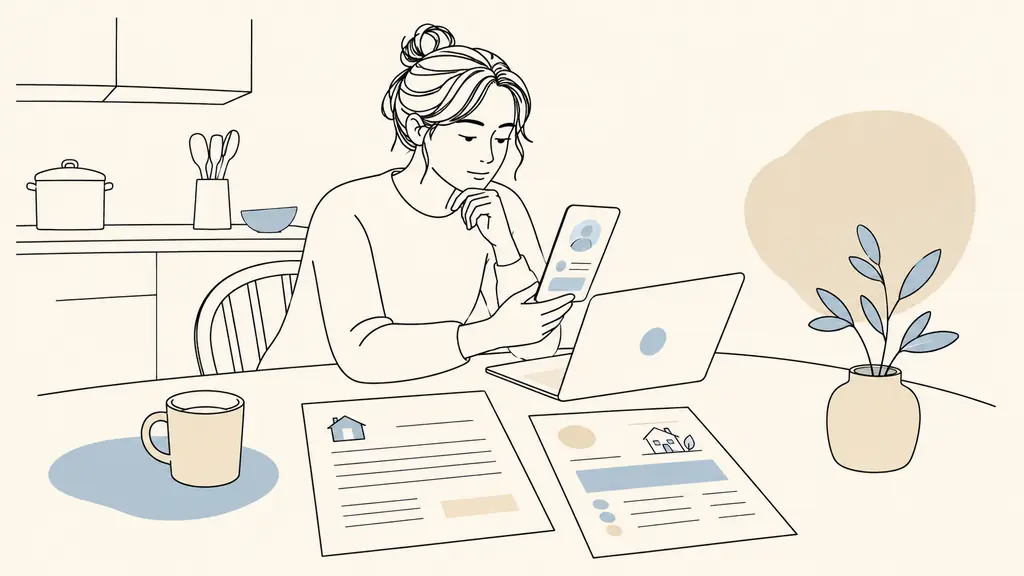 Editorial photograph of a tenant reviewing an email naming an agency contact beside a rental lease and an unsigned energy renovation quote on a kitchen table, no visible text or logo