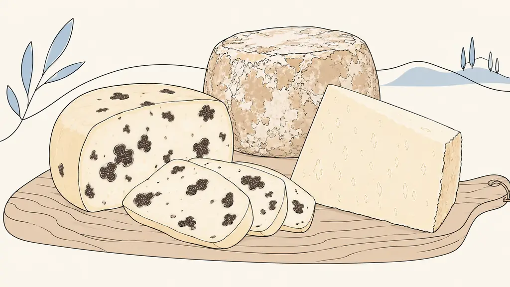 Editorial close-up of a soft sliced caciotta with visible truffle pieces beside a firm pecorino wedge and a mature natural-rind cheese on a wooden board