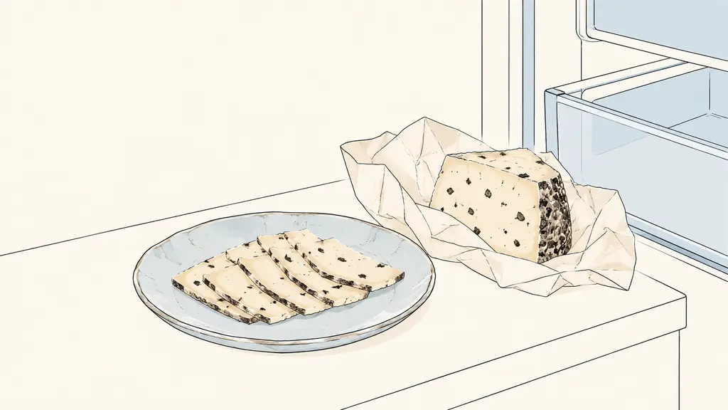 Editorial photograph of thin slices of truffle cheese on a small ceramic plate, with the remaining wedge wrapped in cheese paper beside an open refrigerator drawer