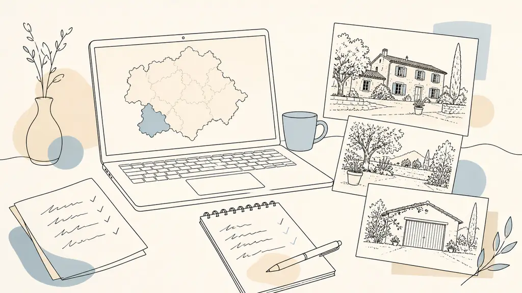 Editorial photograph of a laptop displaying a map of the Gers beside printed property photos of a stone house, with handwritten notes comparing garden and garage features, no readable text, no logo