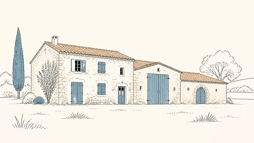 Editorial photograph of a traditional Gascon stone house with an adjoining timber-doored barn and old chai, surrounded by a grassy rural plot, no text, no logo