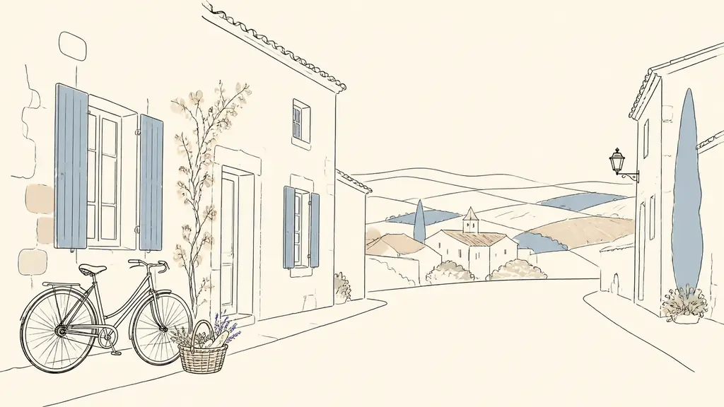 Editorial photograph of a stone house in a Gers bastide street, with a market basket beside a parked bicycle and rolling countryside visible beyond the village