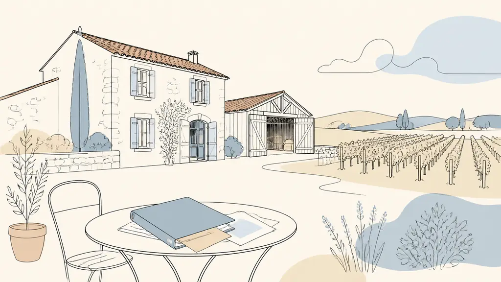 Editorial photograph of an old stone Gascon house with an open wooden barn, a vineyard parcel and a real estate diagnostics folder resting on a garden table