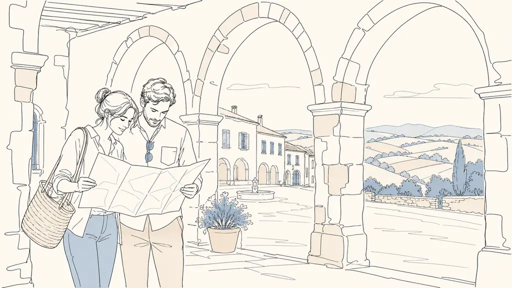 A couple studying a folded property map beneath the stone arcades of Gimont, with rolling Gascon countryside visible beyond the village square, natural editorial photography, no text, no logo