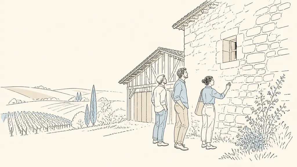 Prospective buyers inspecting the stone wall of an old Gascon farmhouse beside a timber dependency, with vineyard rows near Eauze in the background, natural editorial photography, no text, no logo