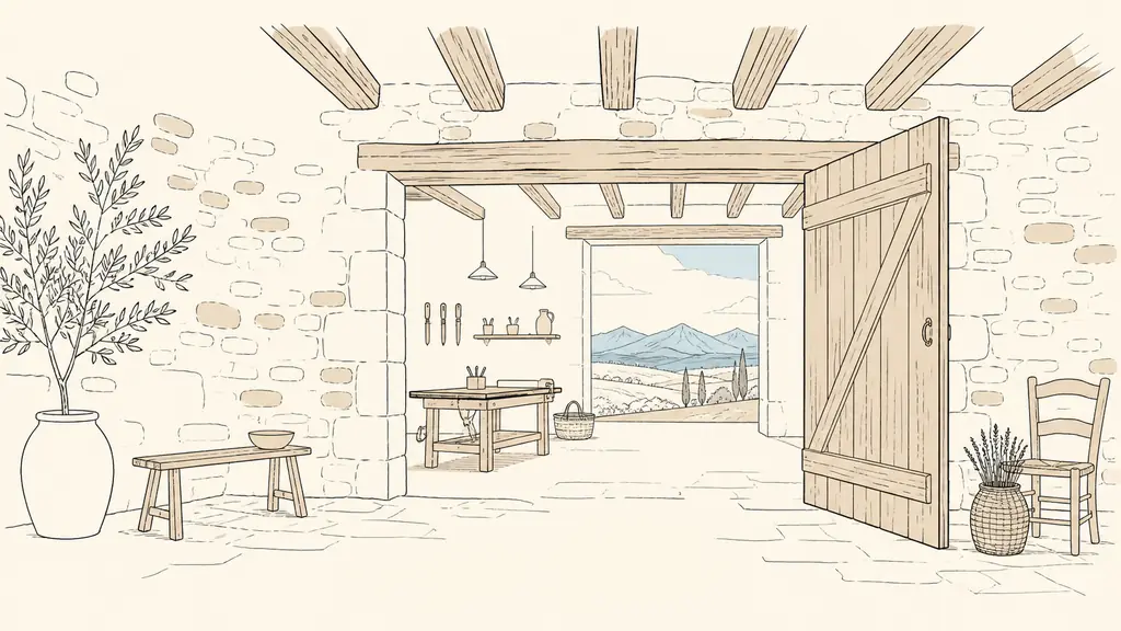 Interior of a Gers stone farmhouse with exposed beams, an open wooden barn door revealing a converted workshop, and a distant view of the Pyrenees, natural editorial photography, no visible text or logos