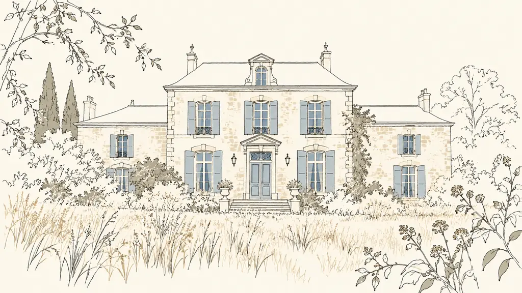 An unrestored eighteenth-century French manor in Cluis, weathered stone walls and tall shuttered windows overlooking a large overgrown garden, editorial real estate photography, no text or logo