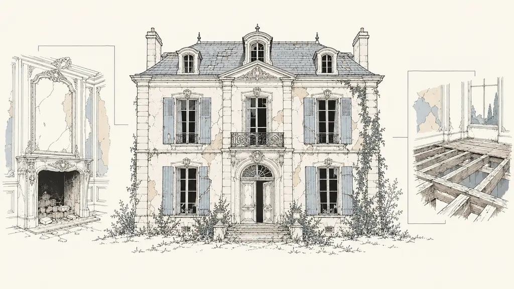 Editorial photograph of a neglected French maison de maître with a symmetrical stone facade, an interior marble fireplace with damaged mouldings, and exposed timber floor joists, no text or logo