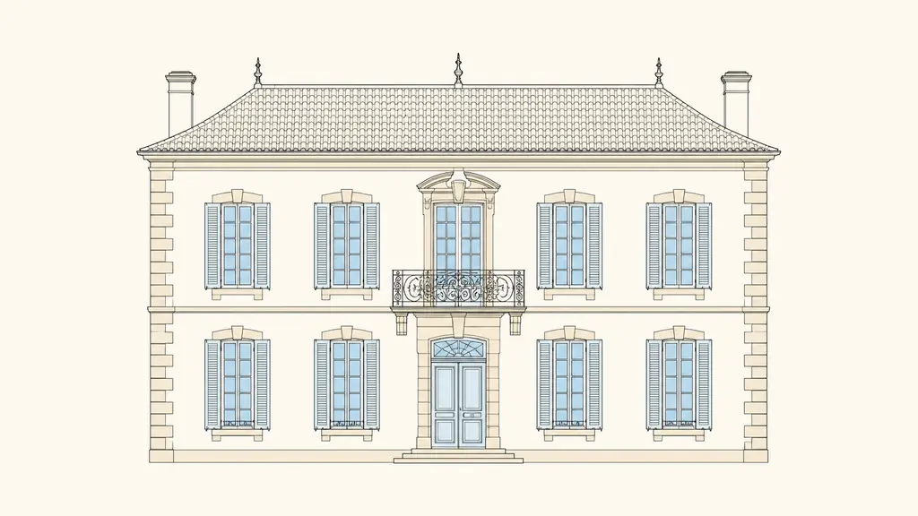 Symmetrical Gascon manor house facade with dressed stone corner blocks, wrought iron balcony and tall aligned windows, editorial architectural photography, no text or logo