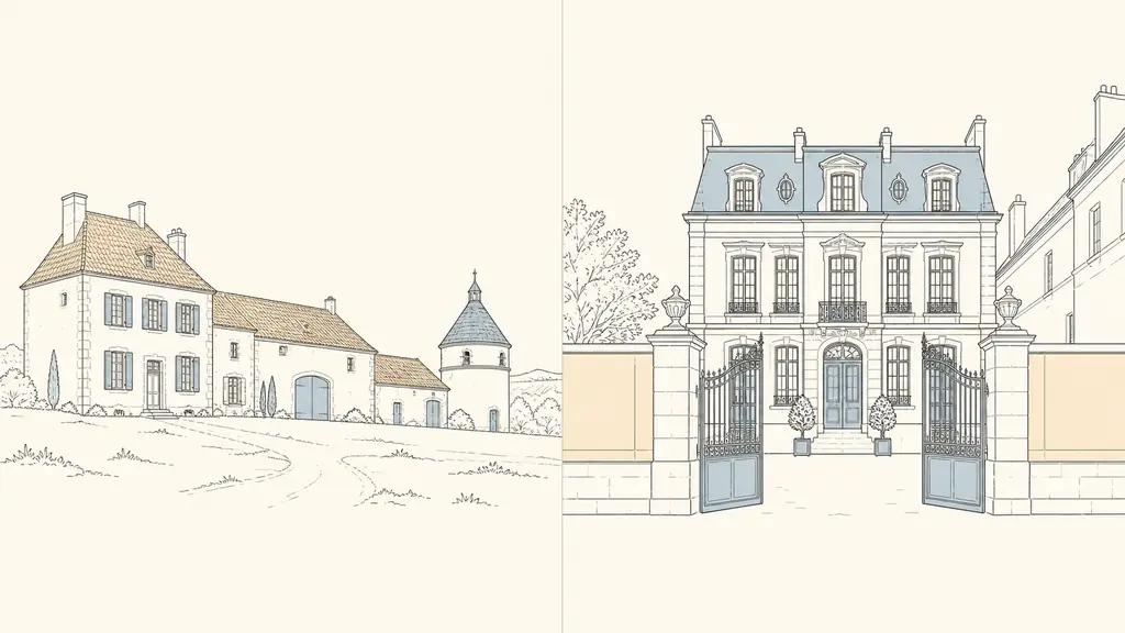 Editorial architectural diptych showing a rural French master house with agricultural outbuildings and a dovecote beside an urban hôtel particulier behind courtyard gates, no text or logo