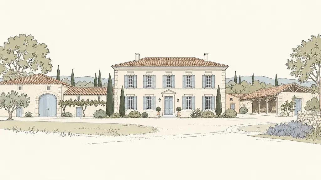 Late nineteenth-century Gascon estate with a symmetrical stone facade, aligned windows and agricultural outbuildings visible beside the main residence, natural afternoon light, editorial photography, no text, no logo