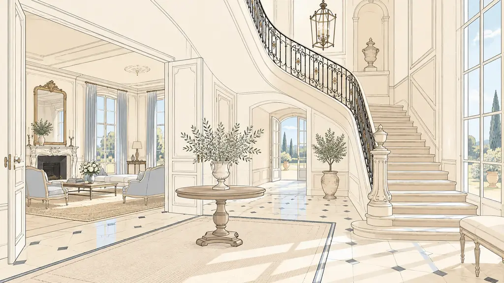Interior of a Gascon maison de maître showing a monumental staircase, marble fireplace and tall reception room windows, natural daylight, editorial photography, no text, no logo