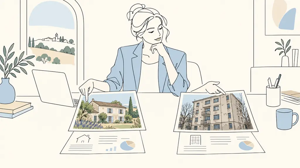 real estate professional comparing a renovated Gers stone house with garden and an older energy-intensive apartment using property photographs and valuation papers, no visible text or logos