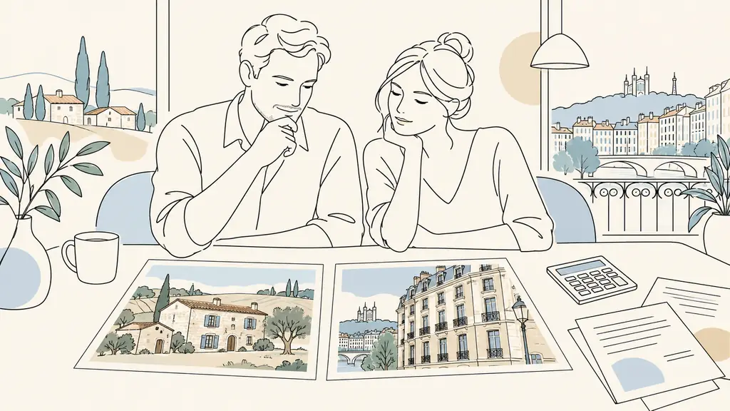 editorial photograph of a couple comparing photographs of a Gers stone house with outbuildings and a Lyon apartment facade beside a calculator and property valuation papers, no visible text or logos