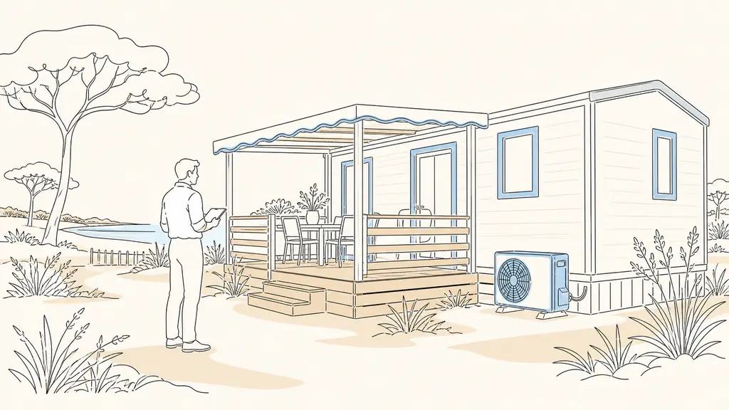 A sales representative inspecting the covered terrace and exterior air-conditioning unit of a compact mobile home on a landscaped pitch at Camping La Marine near Espiguette, natural daylight, no text, no logo