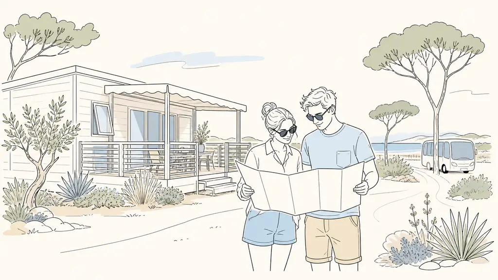 A couple reviewing a campsite pitch map beside a mobile home at Camping La Marine, with the covered terrace, landscaped parcel and Espiguette beach shuttle visible in the background, natural daylight, no text, no logo