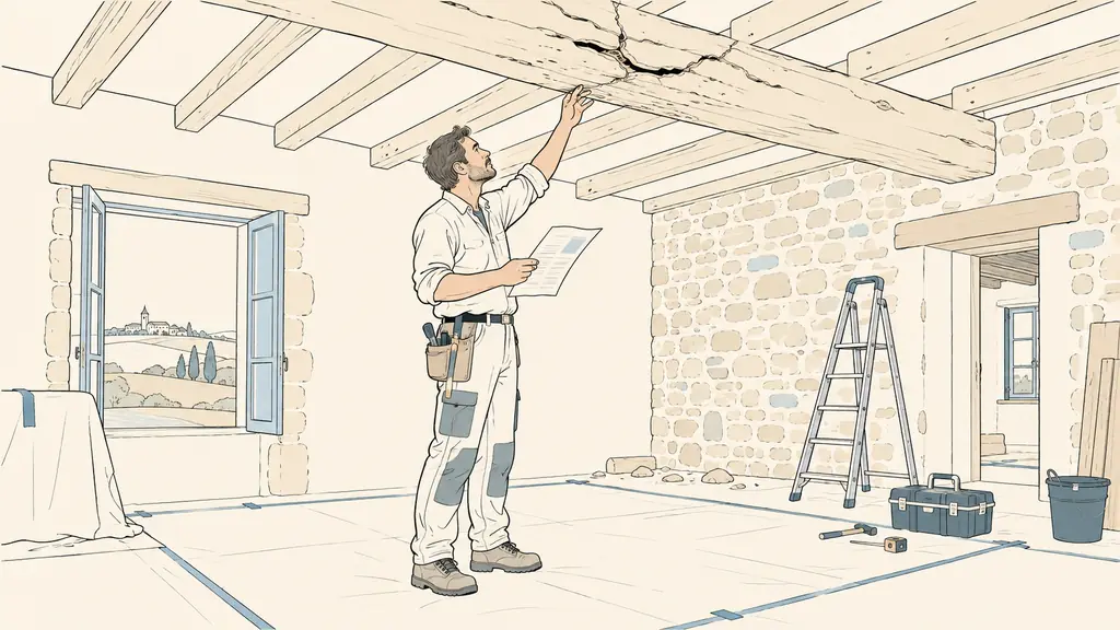 Renovation site inside an old Gers house, contractor examining a weakened timber beam beneath an opened ceiling while holding a dated work order document, exposed stone wall in the background, natural editorial photography, no text, no logo