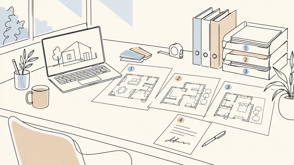 Editorial photograph of a renovation project desk with a laptop beside separately numbered plans, a signed receipt and neatly archived document versions, natural light, no readable text, no logo