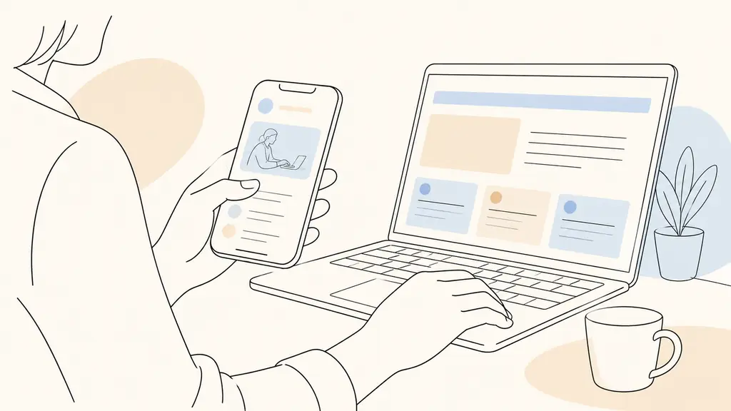 close-up editorial photograph of a person using the Mon Compte Formation mobile app beside an open laptop displaying the official government portal, hands visible, no readable text or logos