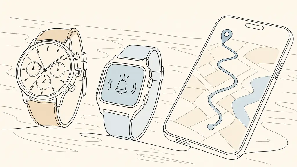 Close-up editorial photograph of an analog multifunction watch with visible subdials beside a digital LCD watch showing an alarm, on a wooden table with a smartphone displaying a GPS route, no text, no logos