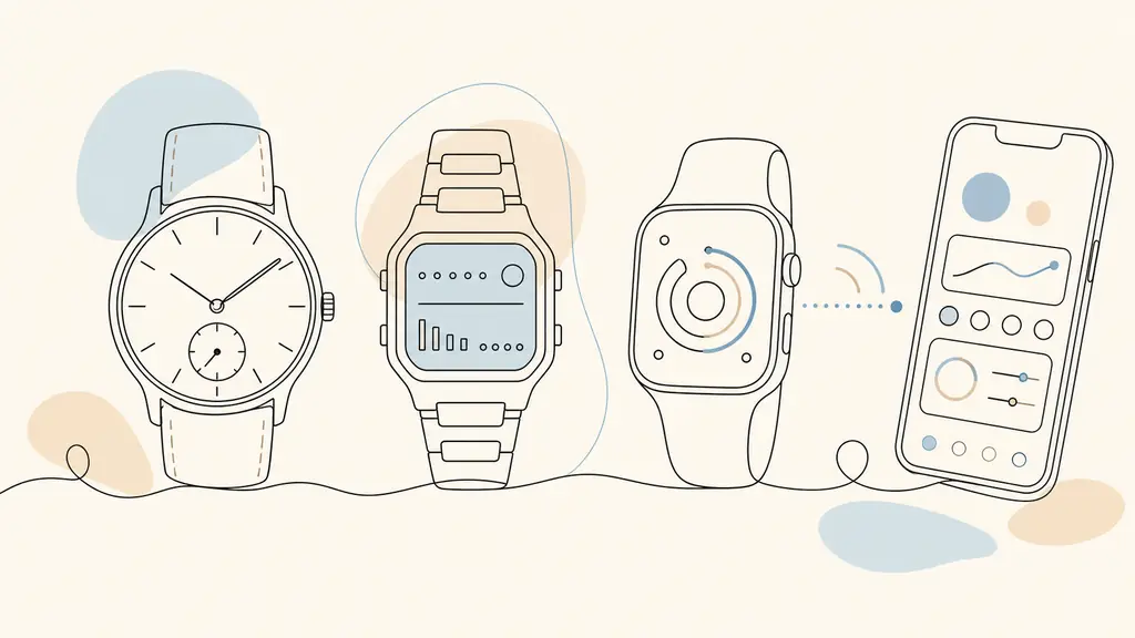 Editorial close-up of three watches side by side, an analog watch with subdial, a backlit digital LCD watch, and a smartwatch being paired with a smartphone app, no text, no logos