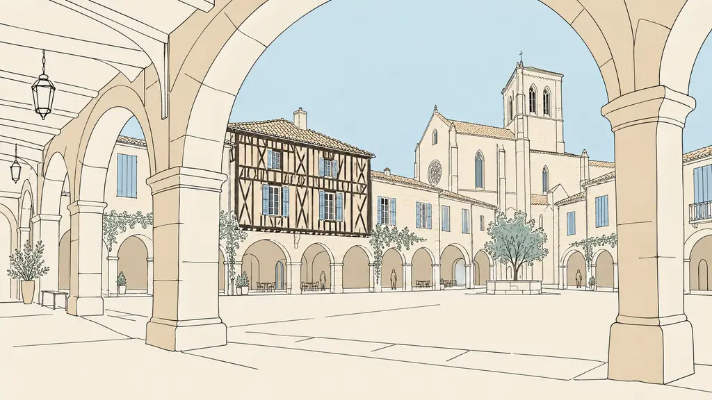 Editorial photograph of the arcaded central square in Montréal-du-Gers, showing a half-timbered house and the stone façade of the collegiate church, no text or logo