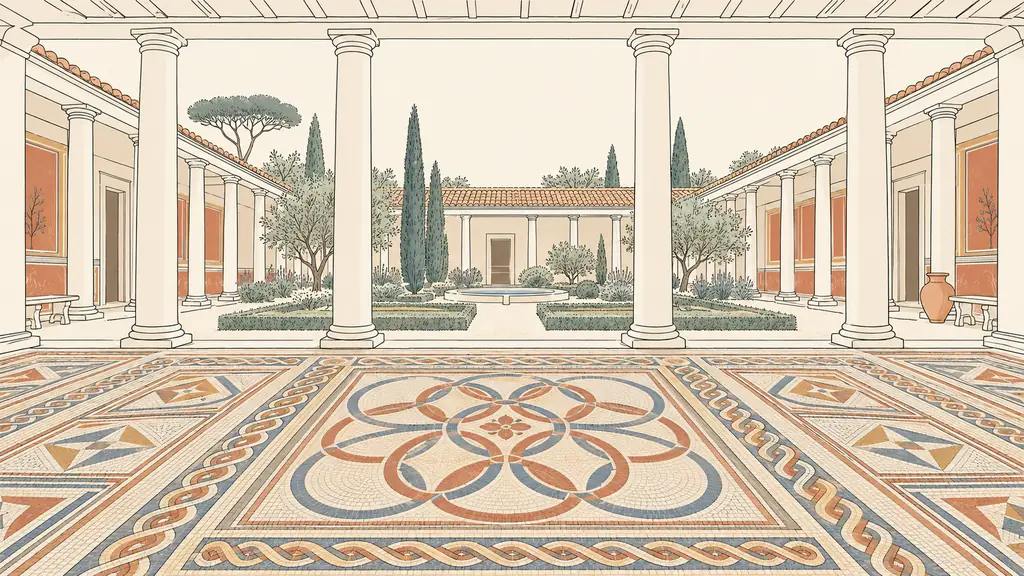 Editorial photograph inside the Roman villa of Séviac, showing colorful geometric mosaics beneath a colonnaded gallery overlooking the garden courtyard, no text or logo