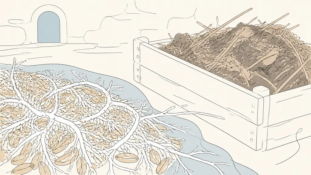 Close-up editorial photograph of white mushroom mycelium spreading across rye grains beside a wooden box filled with horse manure and straw compost, soft natural cellar light, no text, no logo