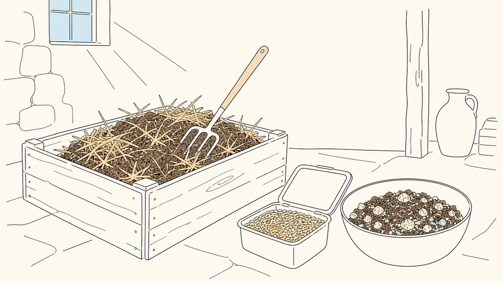 Editorial photograph of horse manure and straw compost being mixed in a wooden box, with rye grain mushroom spawn nearby and a bowl of peat and crushed tuffeau casing soil, natural cellar light, no text, no logo