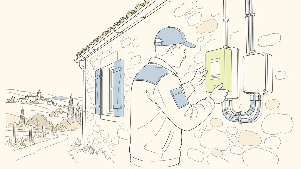 Electrical technician inspecting a Linky meter beside the stone wall of a rural Gers house, with an electrical connection box and utility cables visible, editorial photography, no text, no logo