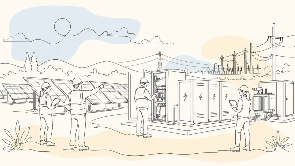 Engineers inspecting a solar installation with battery storage and electrical grid equipment at an energy project site, editorial photography, no text, no logo