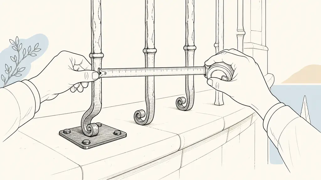 Close-up editorial photograph of a craftsperson checking railing spacing with a metal tape measure beside a stone balcony, visible mounting plate and hand-forged balusters, no text or logo