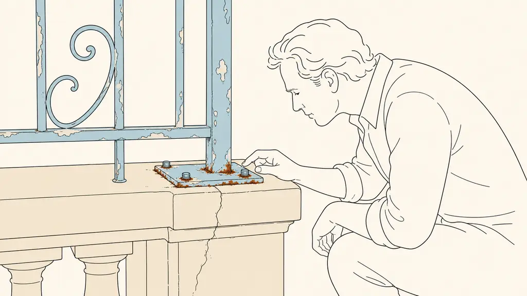 Editorial photograph of a homeowner inspecting rust around a railing mounting plate on an old stone balcony, with peeling paint and a fine masonry crack visible, no text or logo