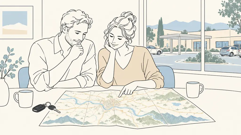 Editorial photograph of a couple studying a road map around Pau, with car keys on the table and a clearly visible small clinic parking area through the window, no text, no logo