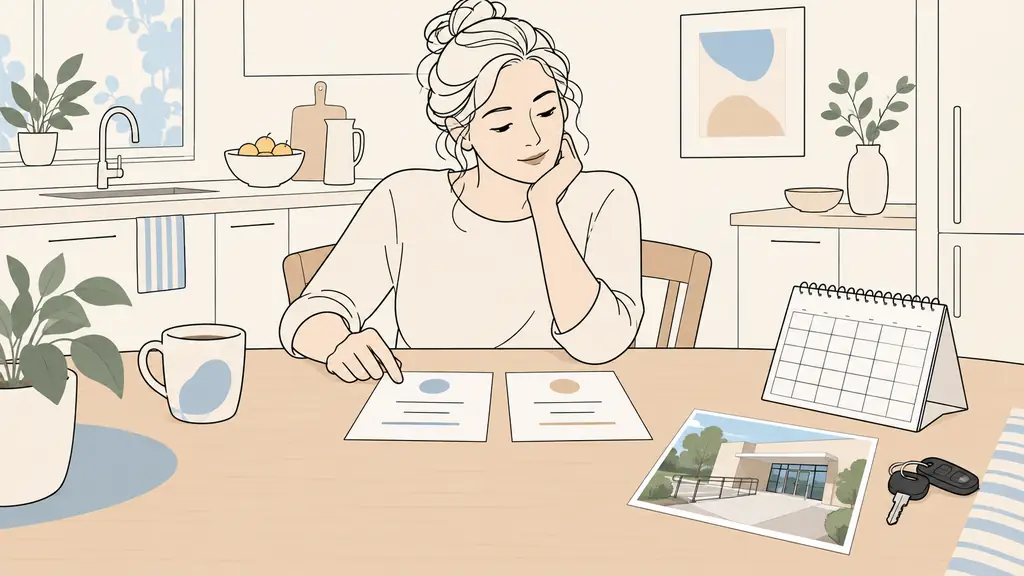 Editorial photograph of a woman comparing two clinic appointments at a kitchen table, with a paper calendar, car keys and a photograph of an accessible clinic entrance, no text, no logo