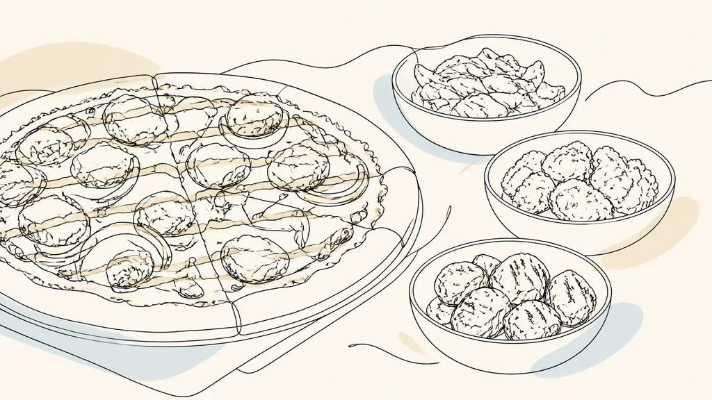 Editorial close-up of a Chicken BBQ pizza beside separate bowls of roasted chicken, crispy chicken and tandoori chicken on a restaurant preparation counter, no text, no logo