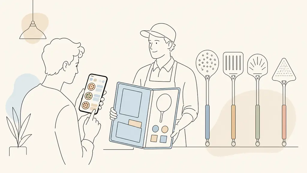 Editorial photograph of a customer checking an online pizza menu on a smartphone while a restaurant employee presents a supplier folder beside separate color-coded spatulas, no visible text, no logo