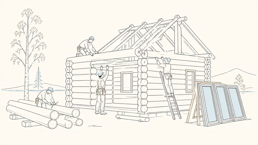 Craftsmen assembling numbered raw timber logs for a fuste house, with exposed roof framing and uninstalled double-glazed windows visible on site