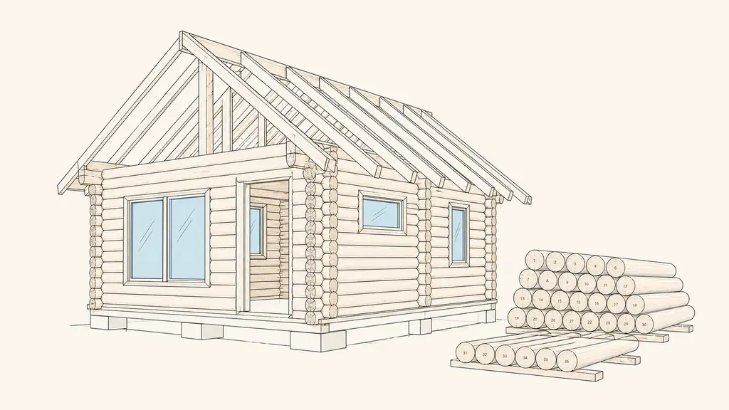 Small 36-square-metre log chalet with visible raw timber walls, roof framing and newly installed windows, beside stacked numbered logs awaiting assembly