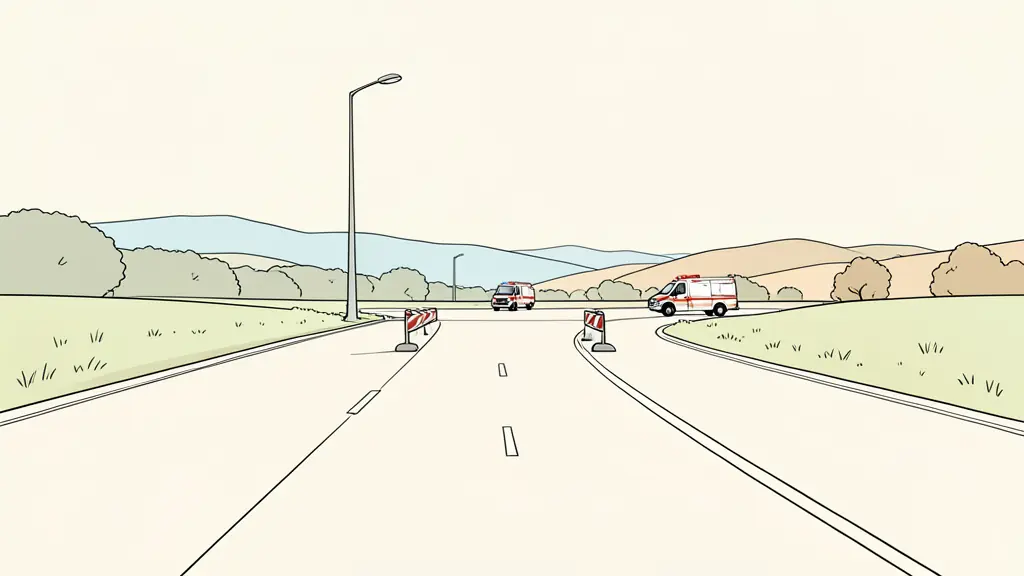 generic rural road in the Gers countryside, temporary traffic barrier at a junction, emergency vehicles visible from a safe distance