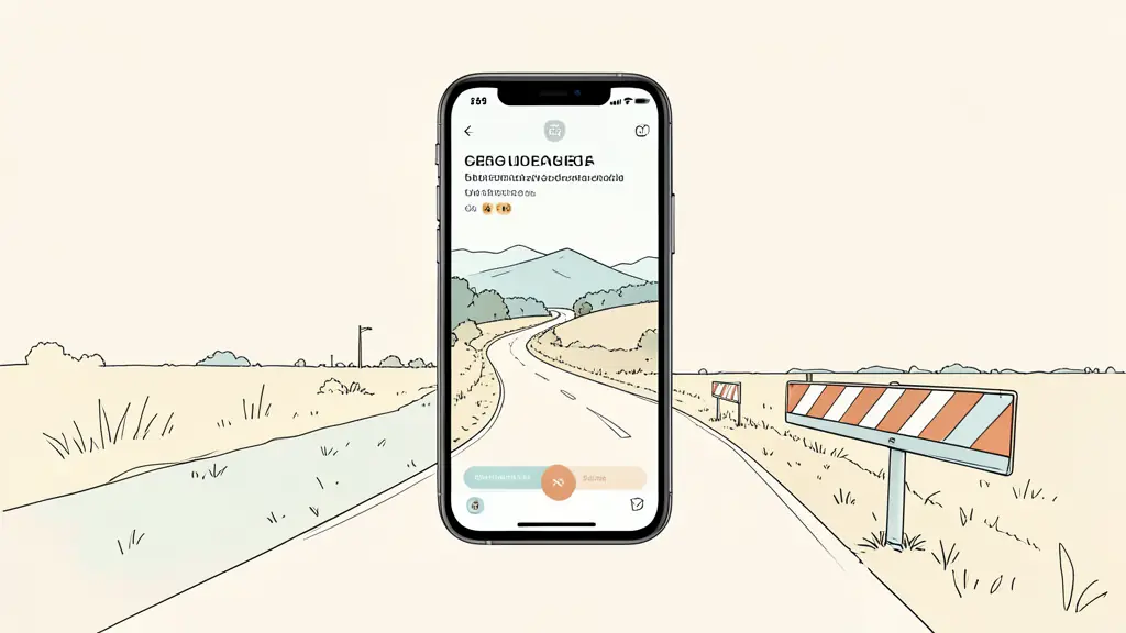 smartphone displaying an official public information feed, rural Gers road in the background, temporary safety barrier beside the roadway